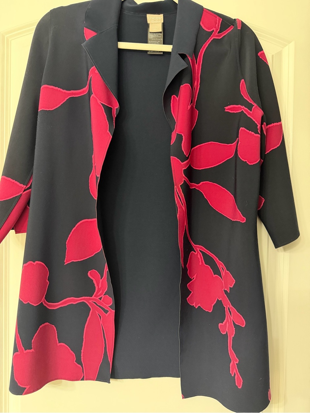 Chico’s Navy Open-Front Coat with hot pink print